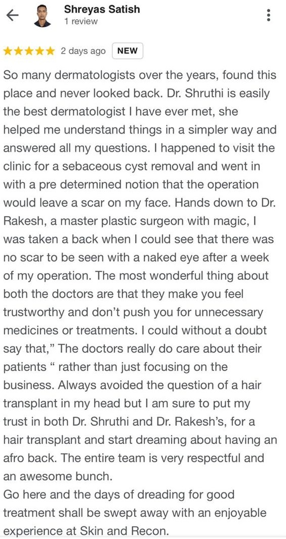 Shreyas Satish Google Review - skin and recon